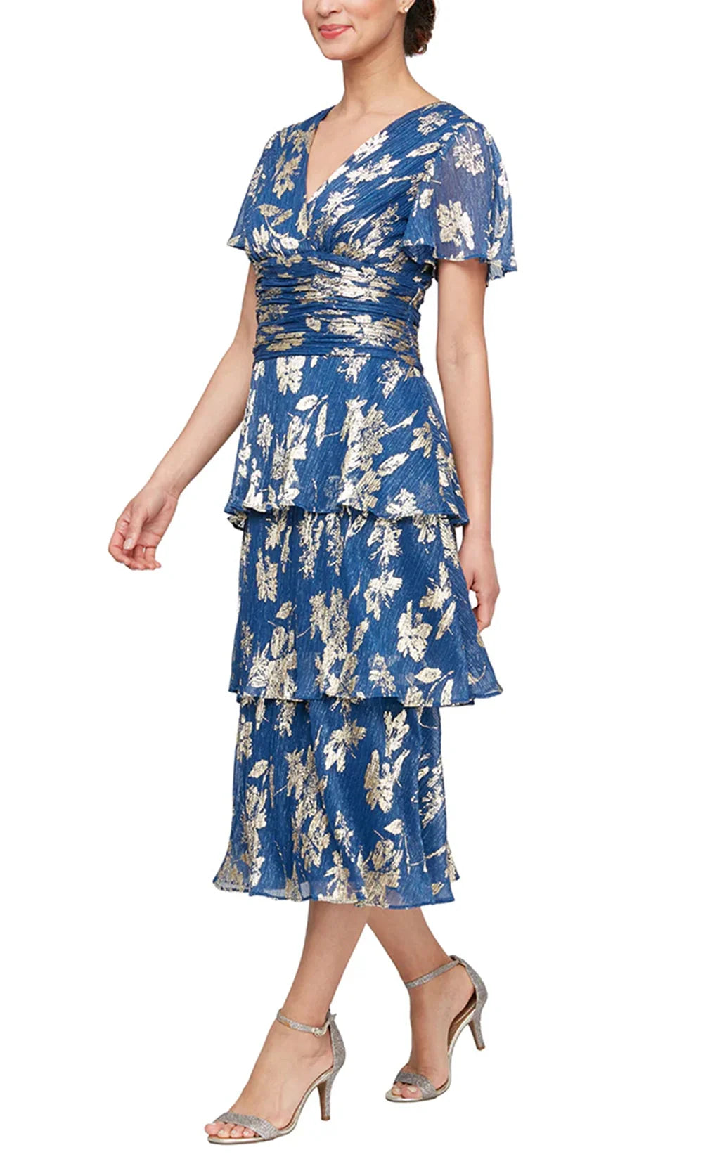 S.L. Fashions Dresses (SLNY) 9155229 - Ruched Waist Flutter Sleeve Dress Wedding Guest in Blue and Gold