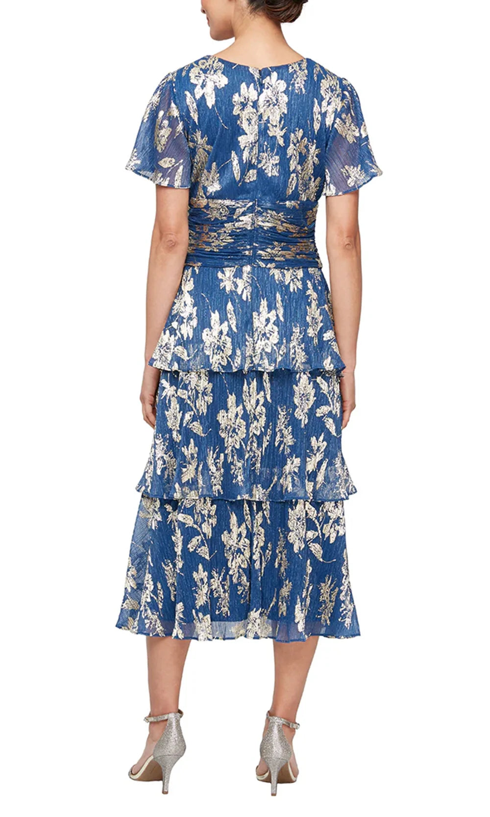 S.L. Fashions Dresses (SLNY) 9255229 - Ruched Waist Tiered Midi Dress Cocktail Dresses in Royal and Gold
