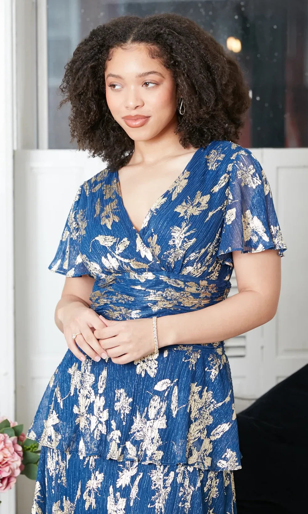 S.L. Fashions Dresses (SLNY) 9255229 - Ruched Waist Tiered Midi Dress Cocktail Dresses in Royal and Gold