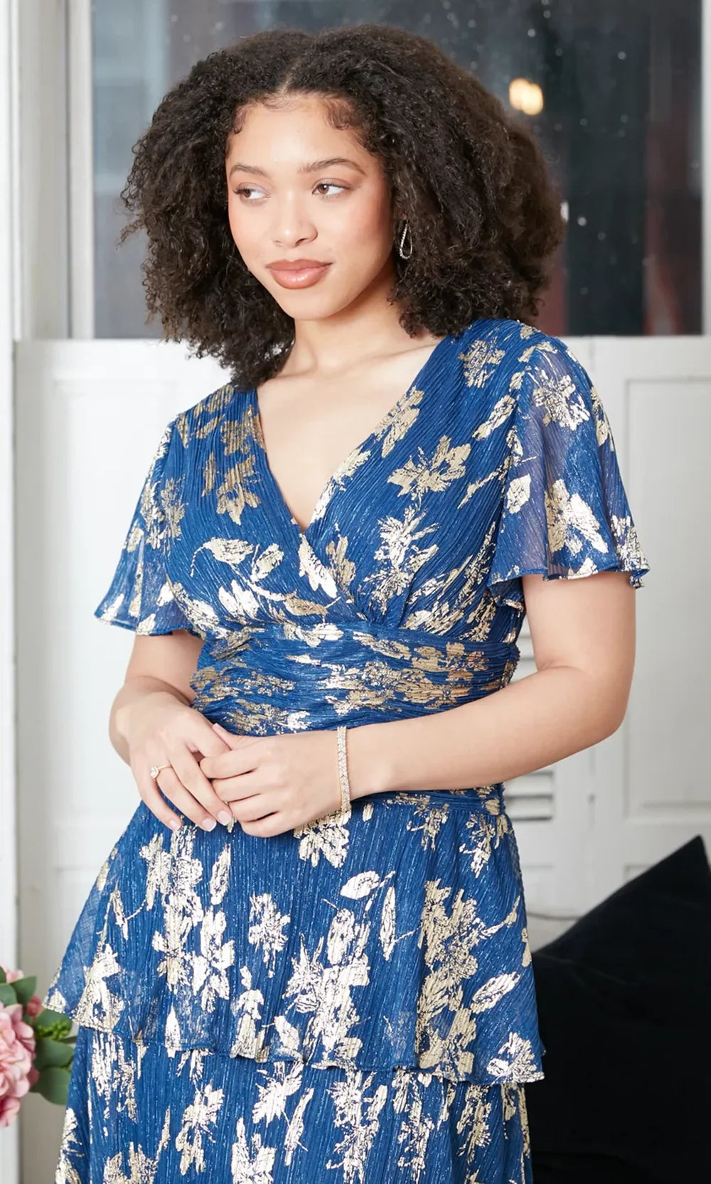 S.L. Fashions Dresses (SLNY) 9155229 - Ruched Waist Flutter Sleeve Dress Wedding Guest in Blue and Gold