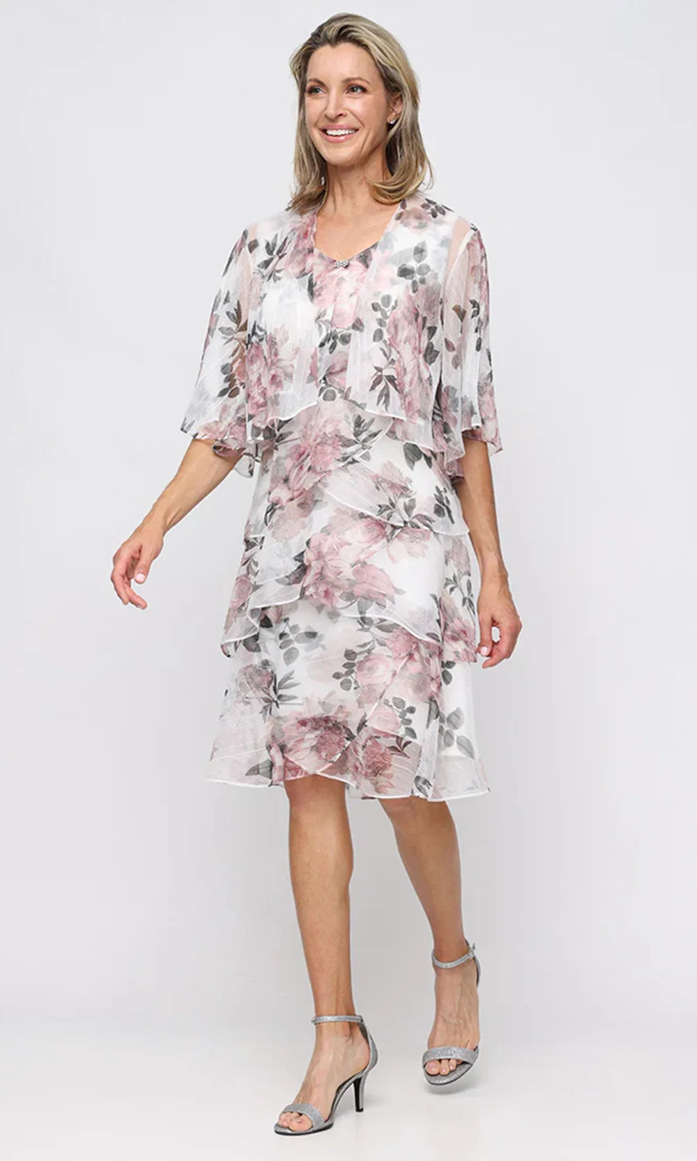 S.L. Fashions Dresses (SLNY) 9255286 - V-Neck Tiered Knee-Length Dress Cocktail Dresses in Blush and Multi