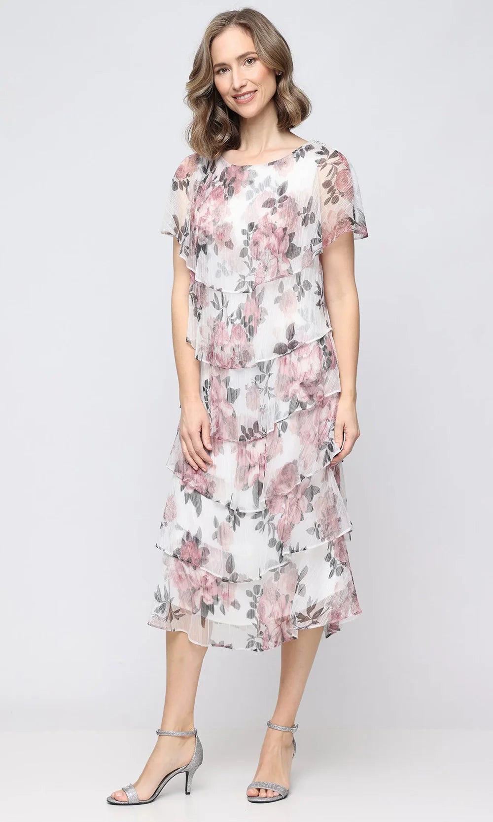 S.L. Fashions Dresses (SLNY) 9155294 - Tiered Capelet Sleeve Midi Dress Cocktail Dresses in Ivory Pink