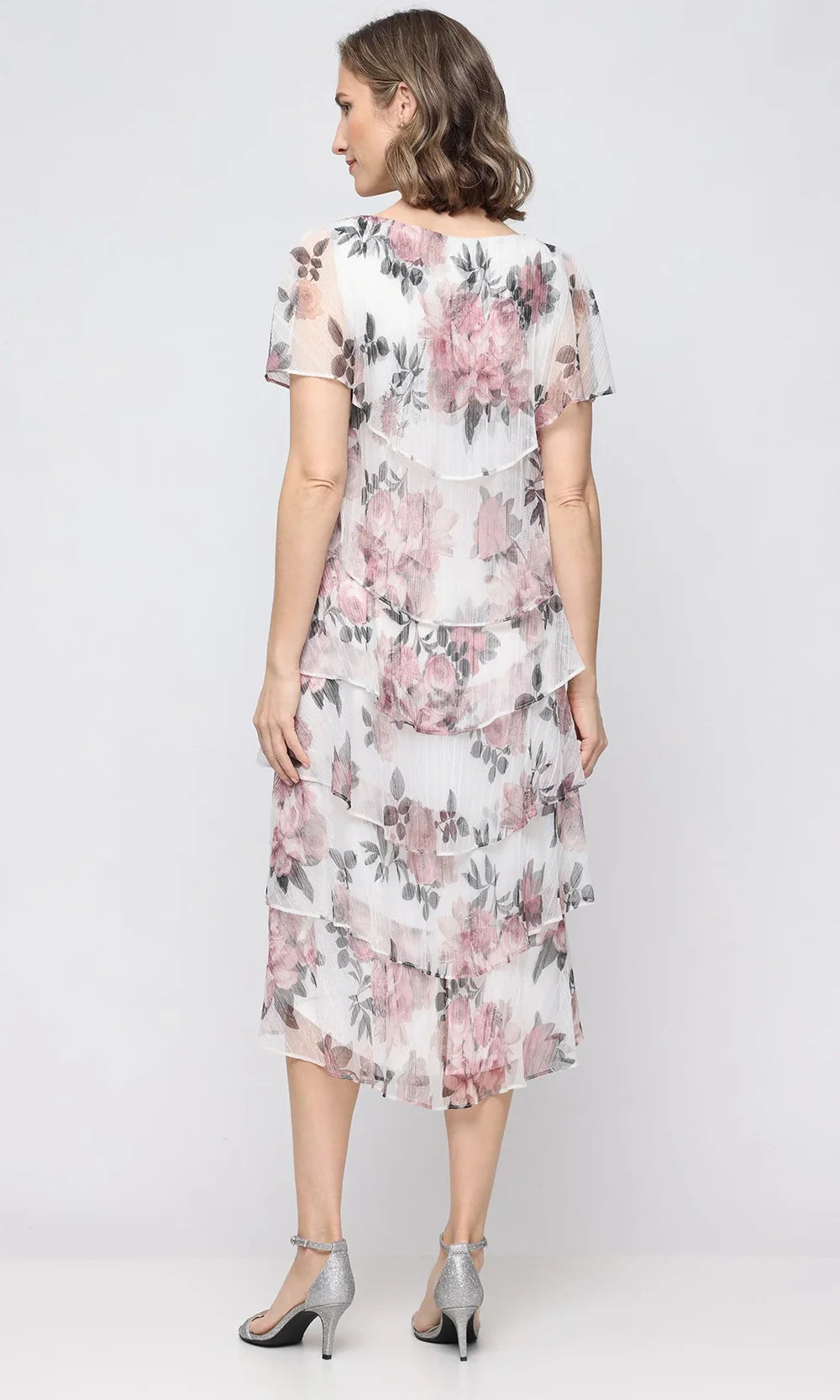 S.L. Fashions Dresses (SLNY) 9155294 - Tiered Capelet Sleeve Midi Dress Cocktail Dresses in Ivory Pink