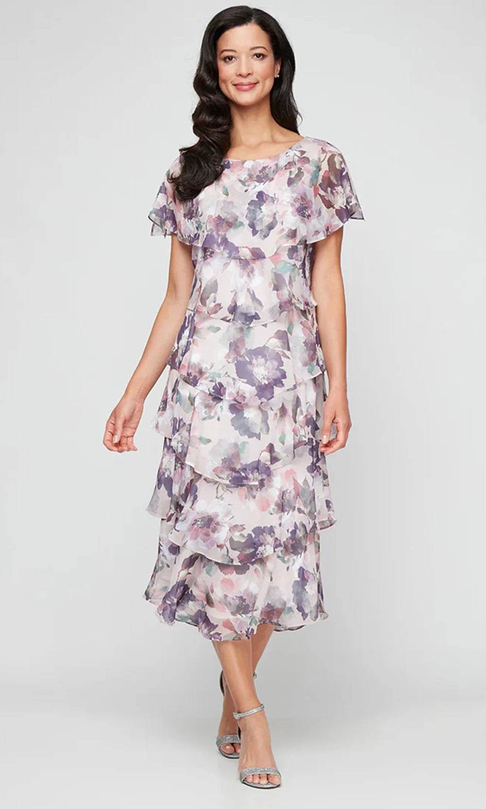 S.L. Fashions Dresses (SLNY) 9272101 - Floral Motif Capelet Dress Evening Dresses in Blush and Multi