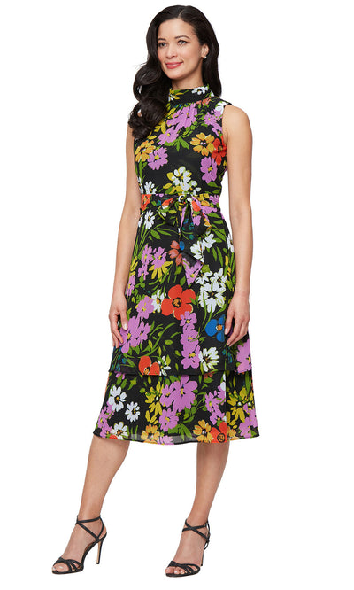 S.L. Fashions 9172140 - High Neck Floral Dress with Tie Waist Wedding Guest