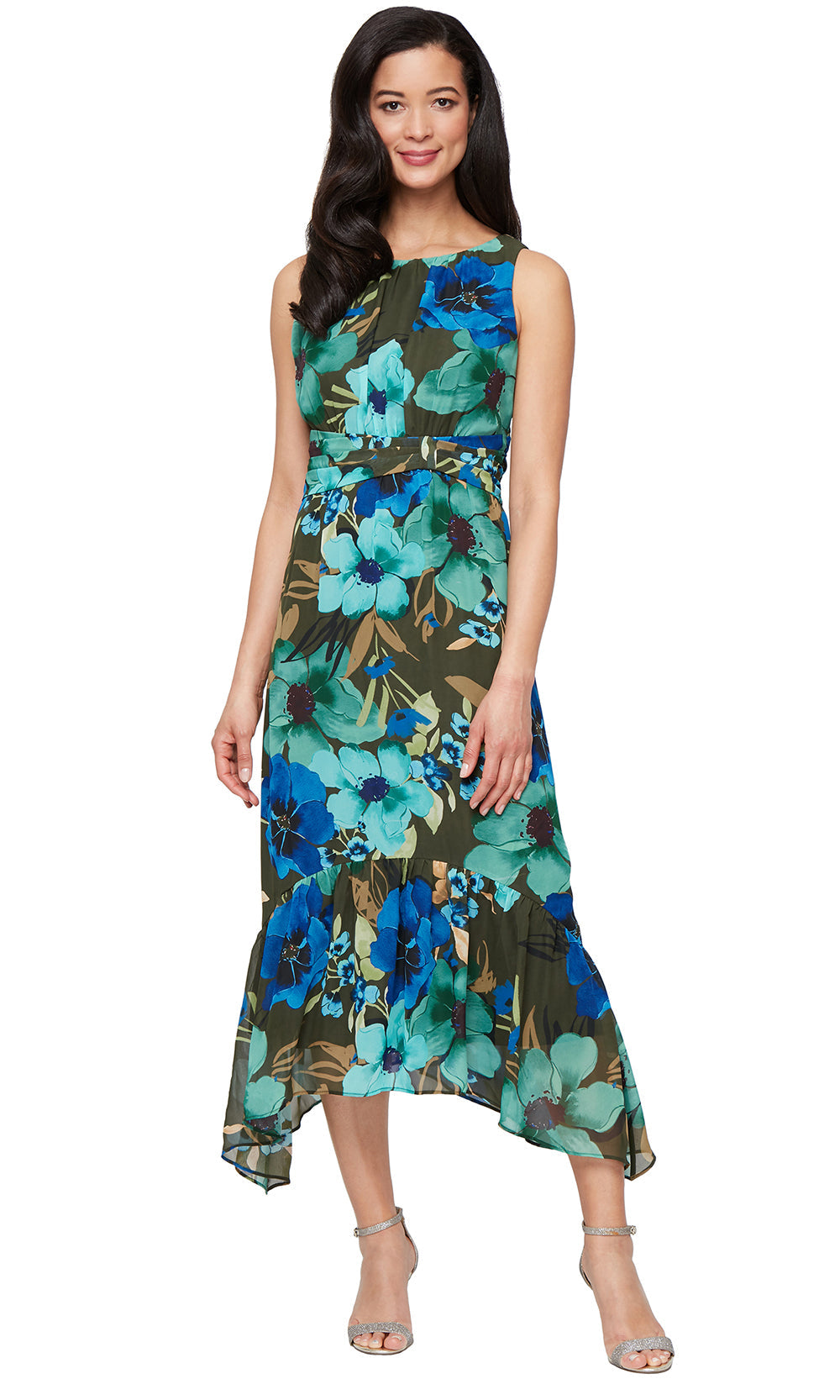S.L. Fashions 9172142 - Floral Print Scoop Tea-Length Dress Wedding Guest