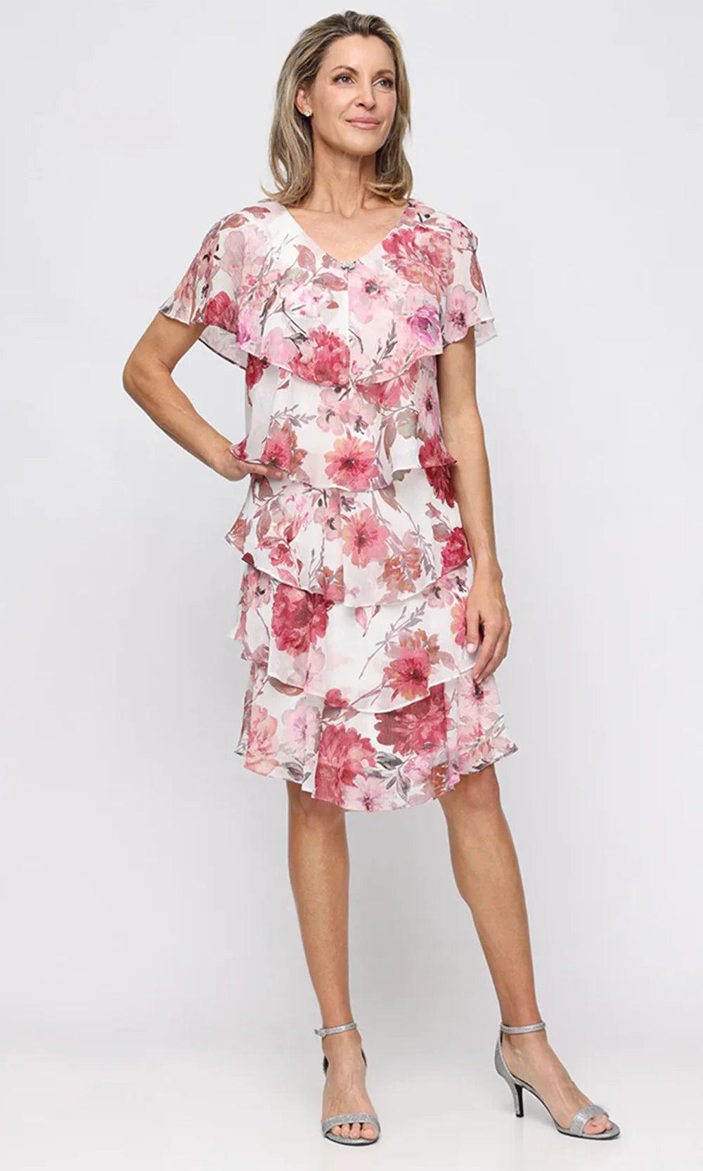 S.L. Fashions Dresses (SLNY) 9172195 - Floral Print Tiered V-Neck Dress Mother of the Bride Dresses in Pink Multi