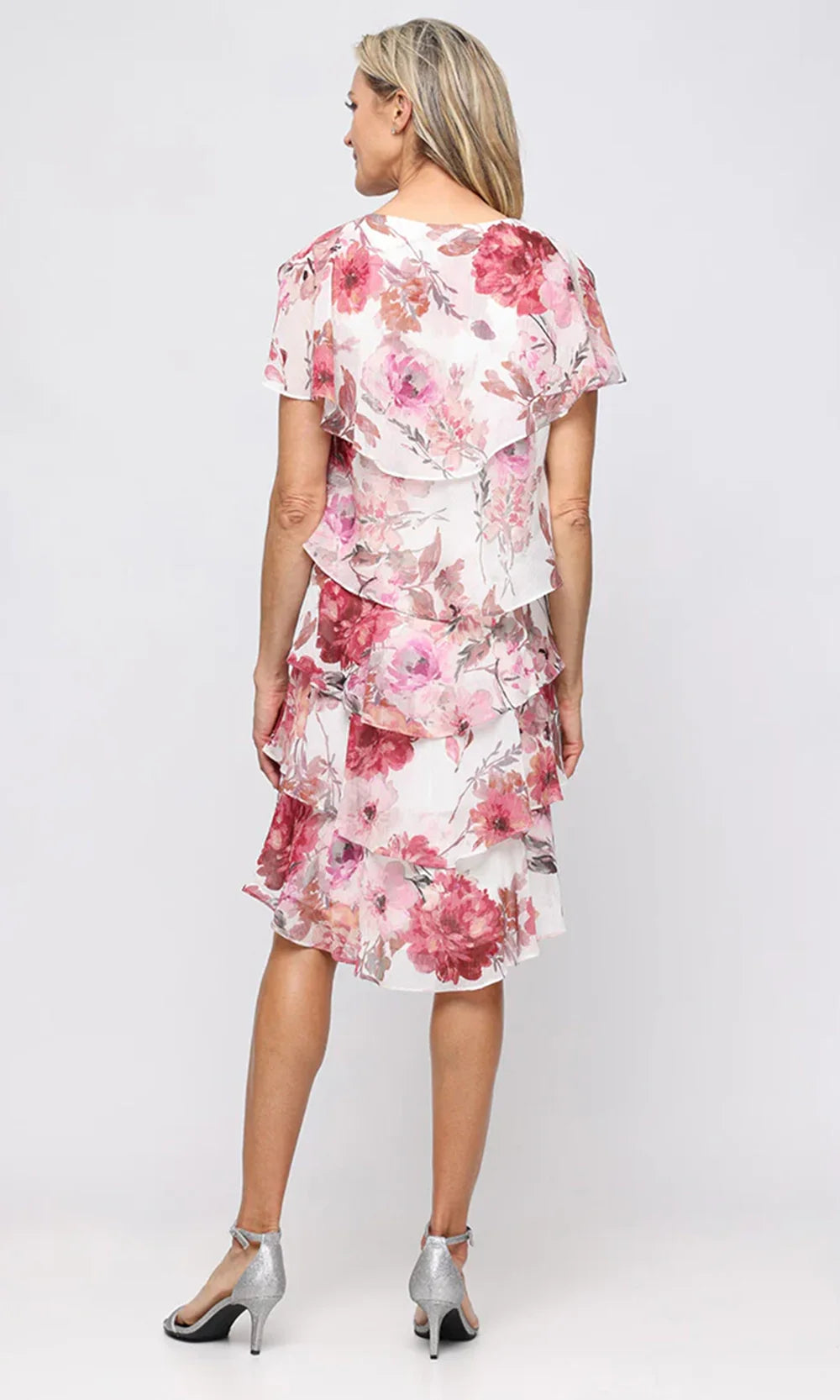 S.L. Fashions Dresses (SLNY) 9172195 - Floral Print Tiered V-Neck Dress Mother of the Bride Dresses in Pink Multi
