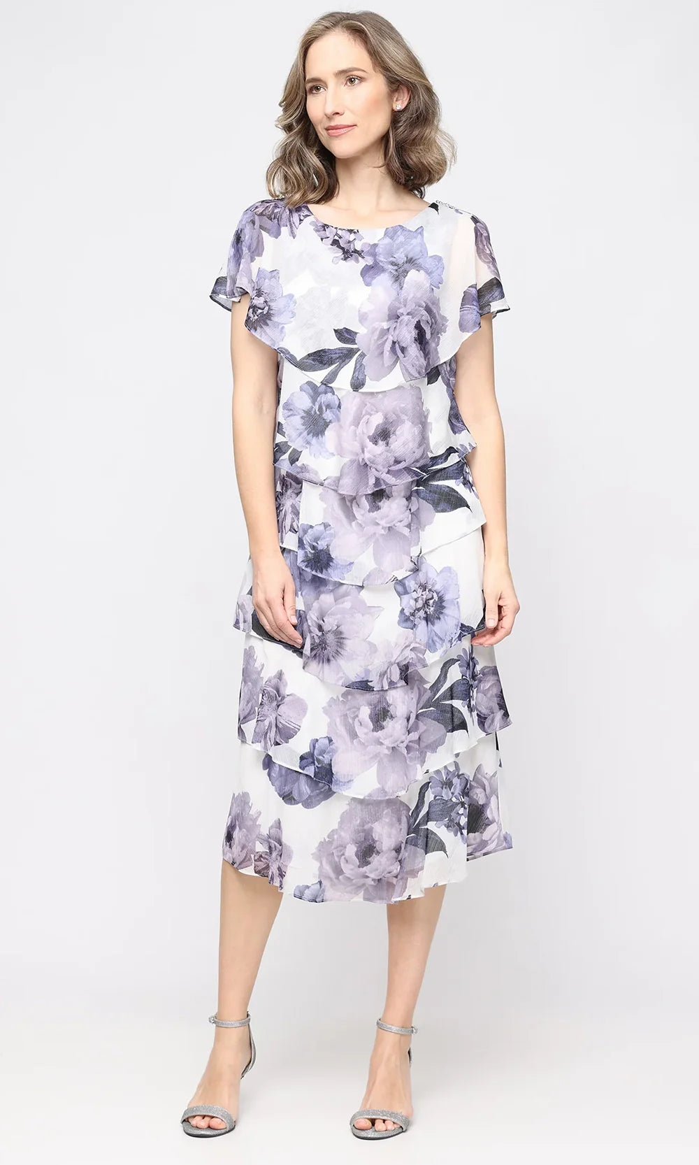 S.L. Fashions Dresses (SLNY) 9172203 - Capelet Sleeve Tiered Midi Dress Cocktail Dress in Ivory Blue