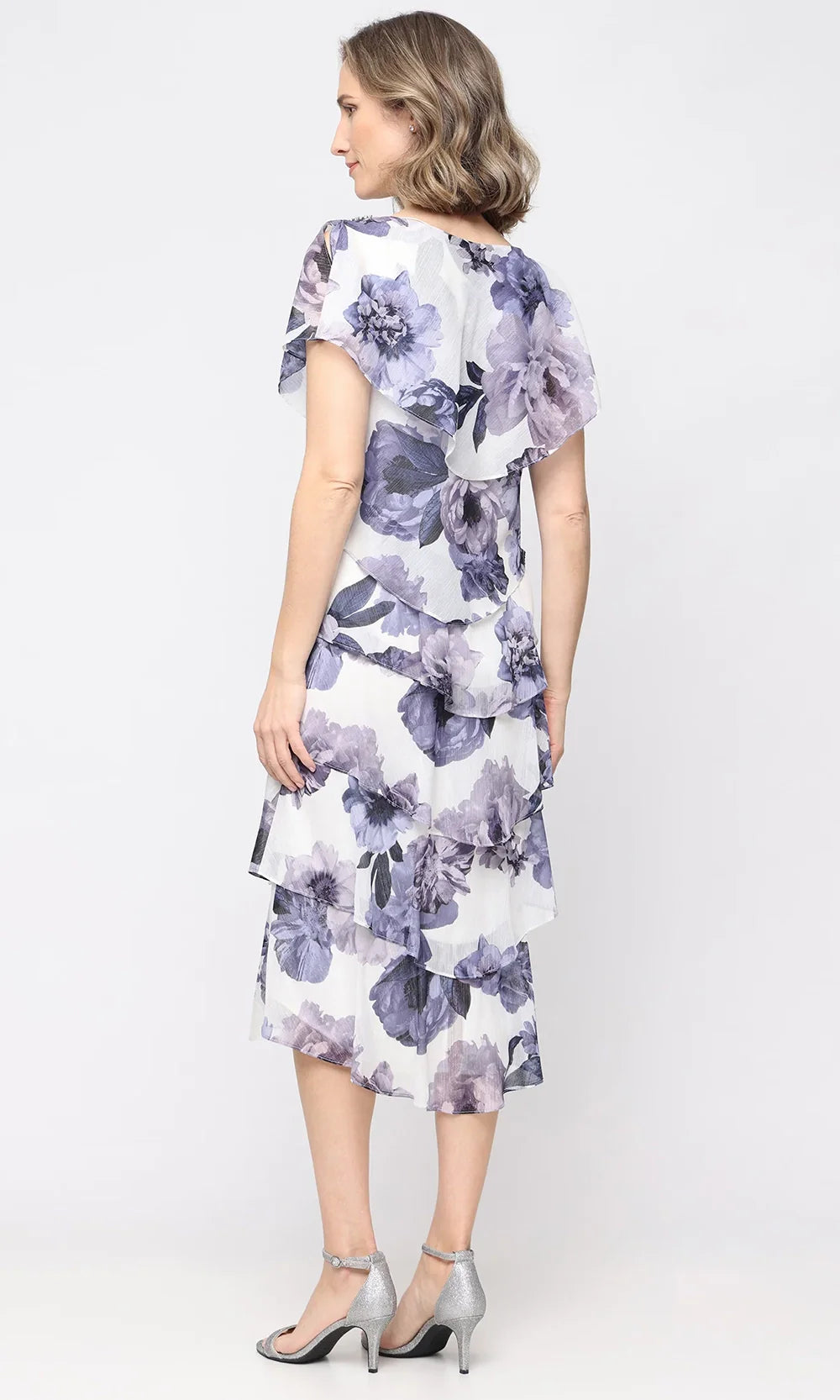 S.L. Fashions Dresses (SLNY) 9272203 - Beaded Shoulder Floral Midi Dress Semi Formal in Ivory and Blue