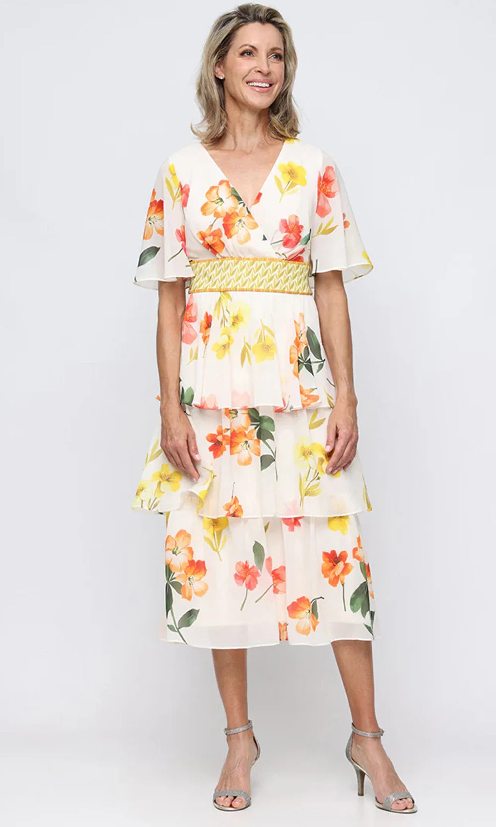 S.L. Fashions Dresses (SLNY) 9172207 - Flutter Sleeve Floral Midi Dress Cocktail Dresses in Cream Multi
