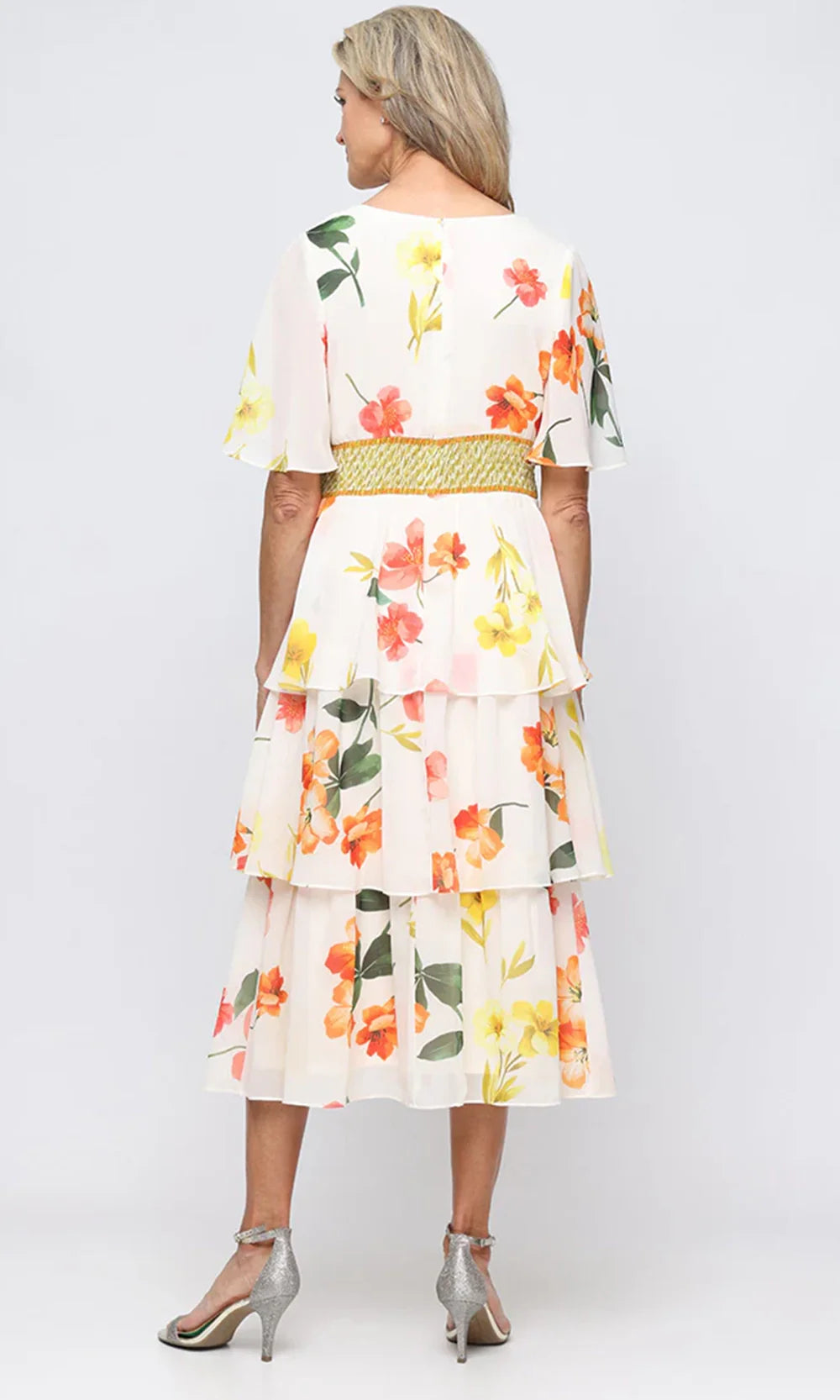 S.L. Fashions Dresses (SLNY) 9172207 - Flutter Sleeve Floral Midi Dress Cocktail Dresses in Cream Multi