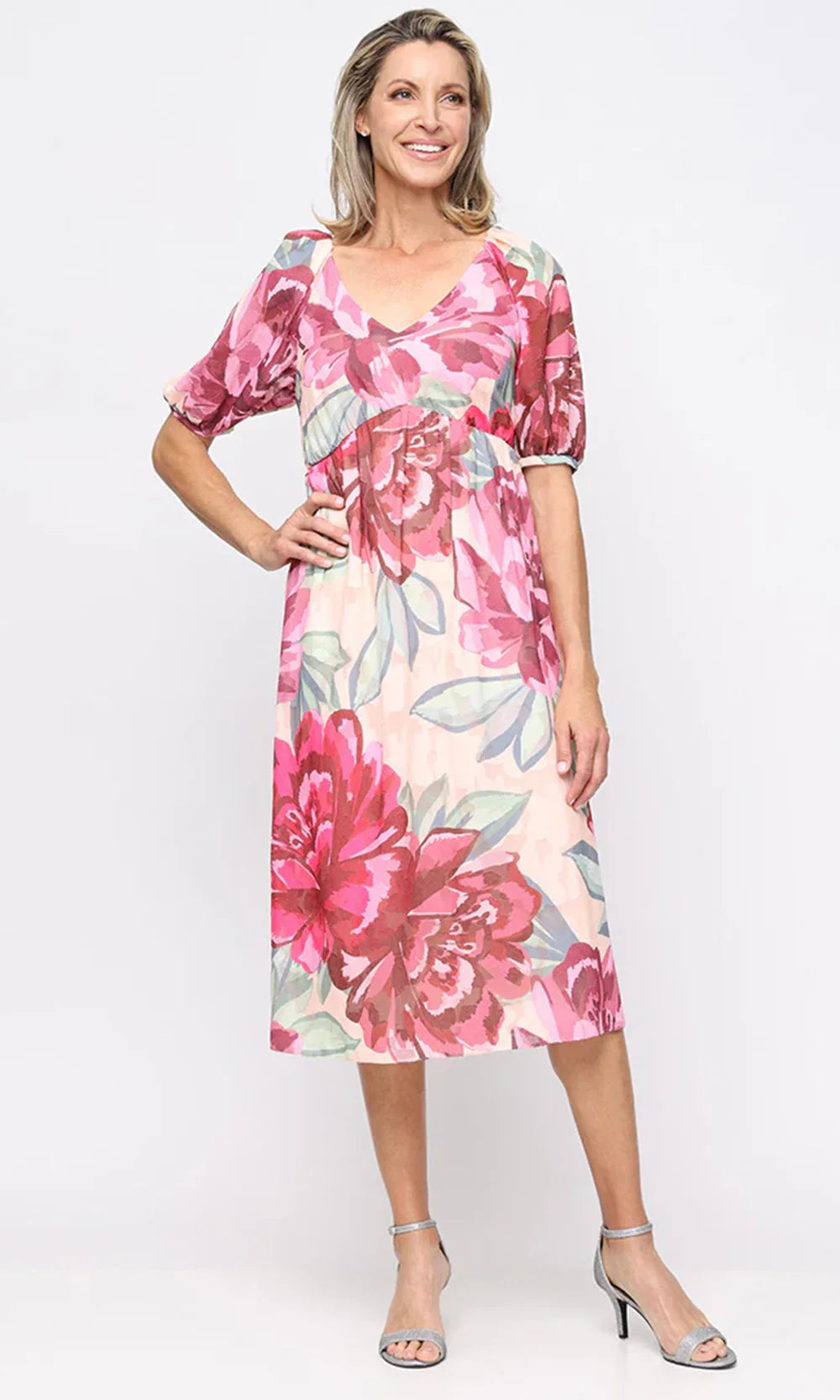 S.L. Fashions Dresses (SLNY) 9174131 - Puff Sleeve Floral Print Dress Holiday Dresses in Pink Multi