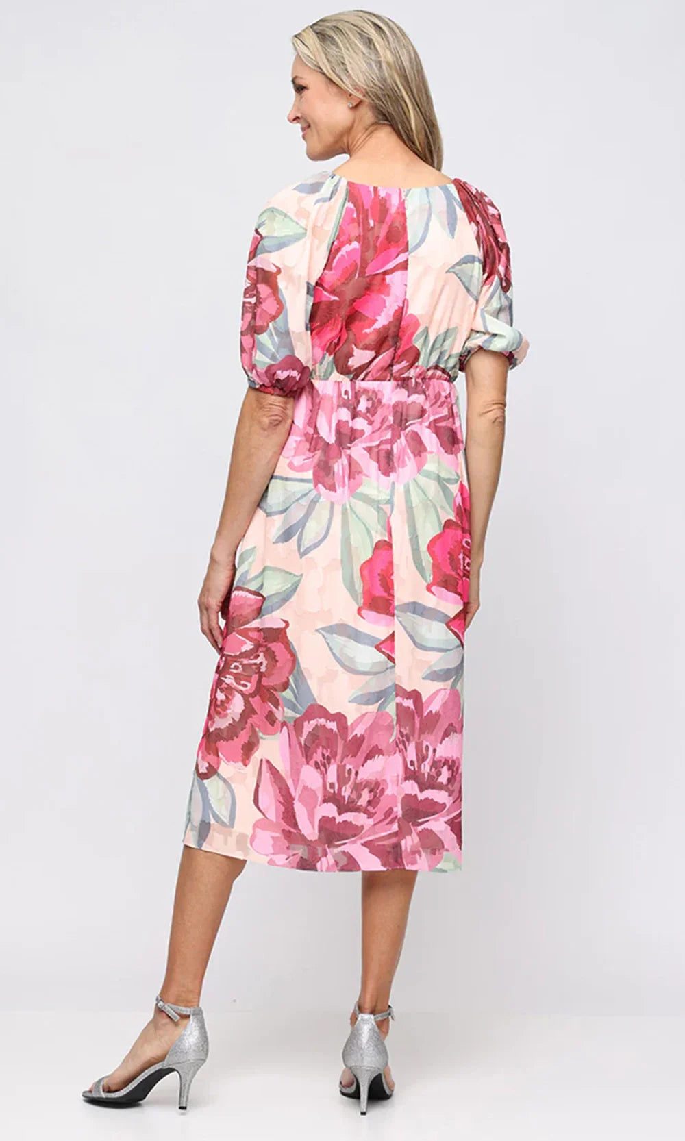S.L. Fashions Dresses (SLNY) 9174131 - Puff Sleeve Floral Print Dress Holiday Dresses in Pink Multi