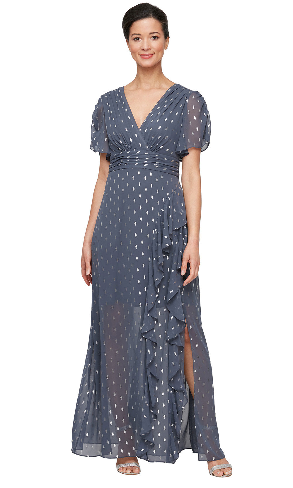 S.L. Fashions 9179469 - Polka Dot V-Neck Long Gown Wedding Guest