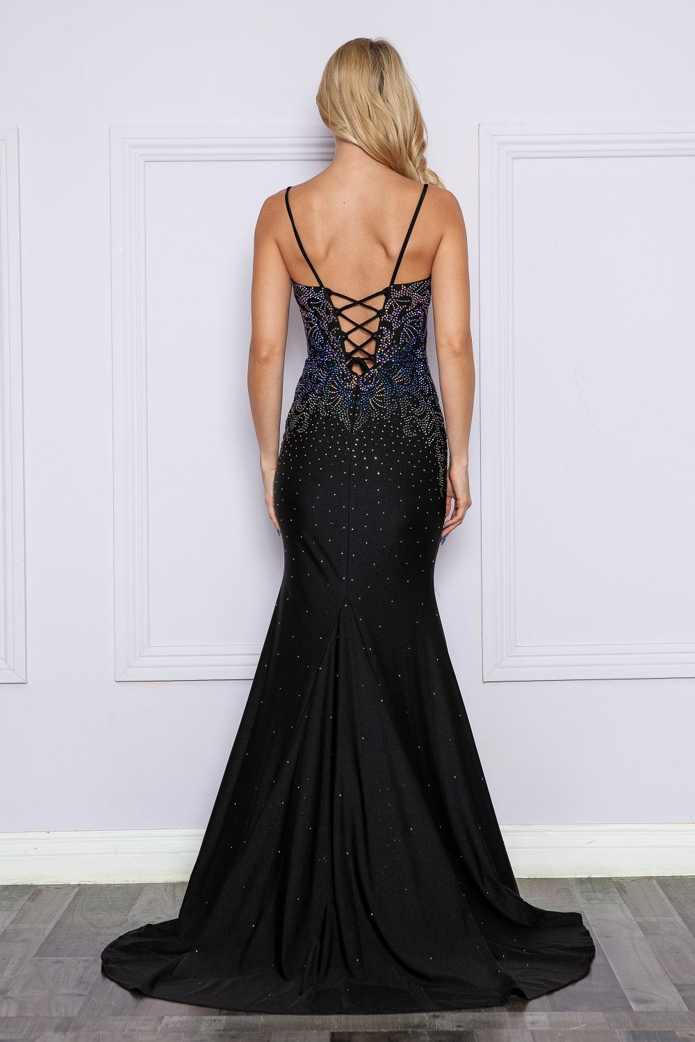 Poly USA 9264 - Lace-Up Back Bead Embellished Long Gown Prom Dresses in Black  