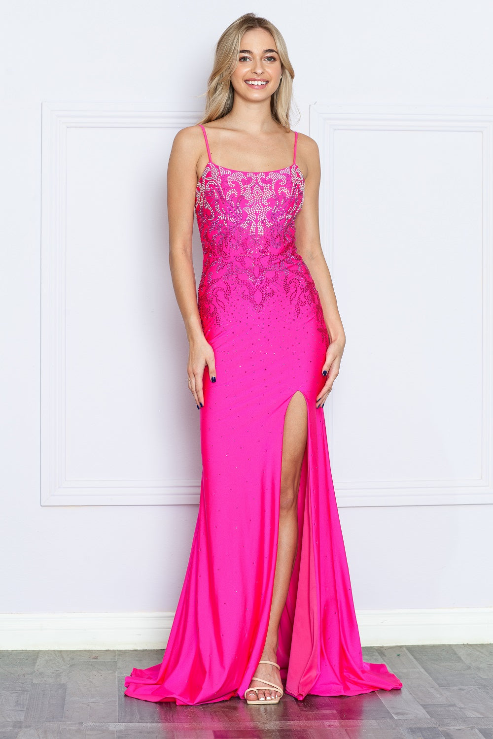 Poly USA 9264 - Lace-Up Back Bead Embellished Long Gown Prom Dresses in Pink  