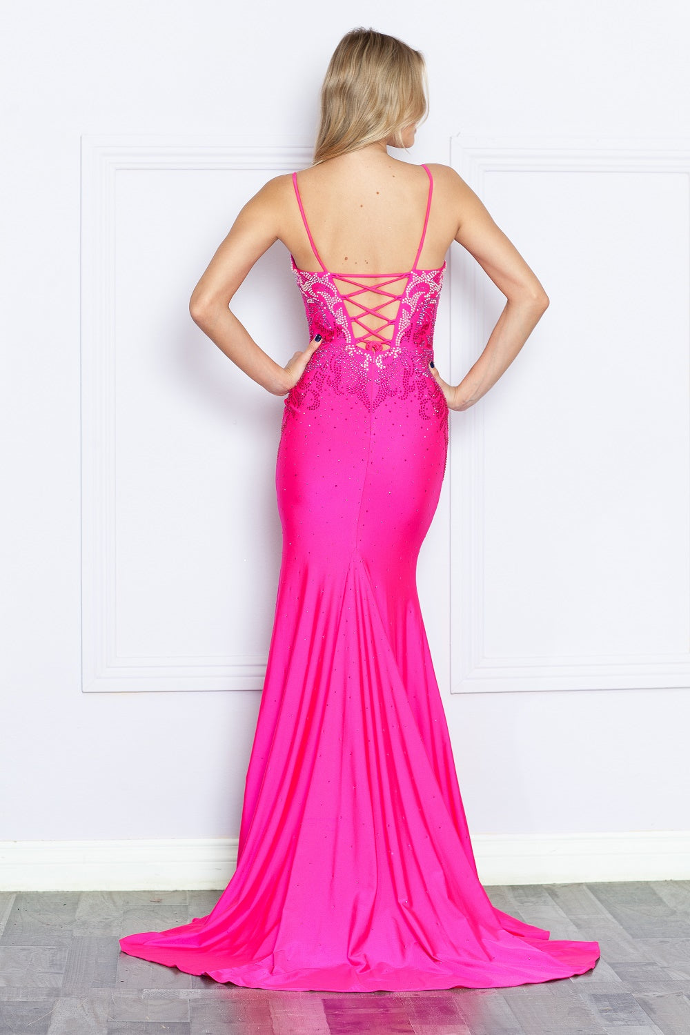 Poly USA 9264 - Lace-Up Back Bead Embellished Long Gown Prom Dresses in Pink  