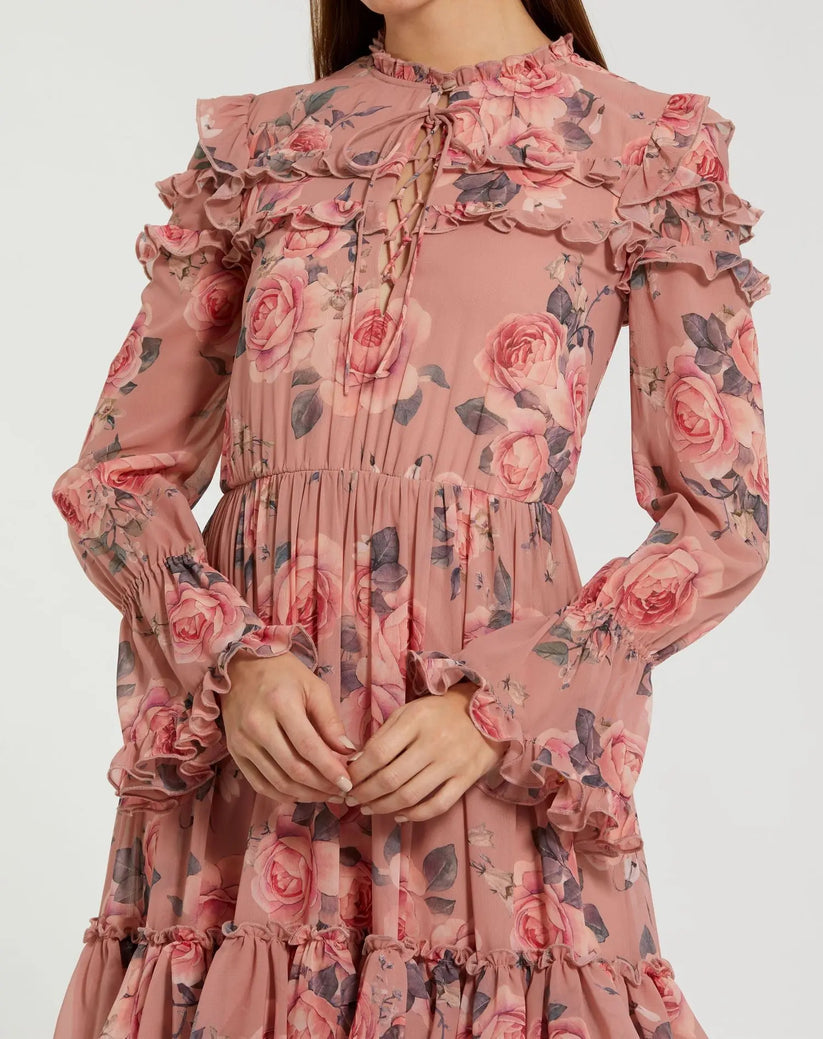 Mac Duggal 9306 - Lace-Up Front High Neck Floral Dress Semi Formal in Pink and Multi