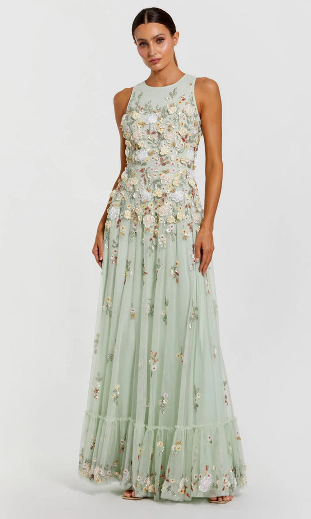 Mac Duggal 9334 - Sleeveless Floral Gown with Ruffled Hem Formal Gowns in Green and Multi