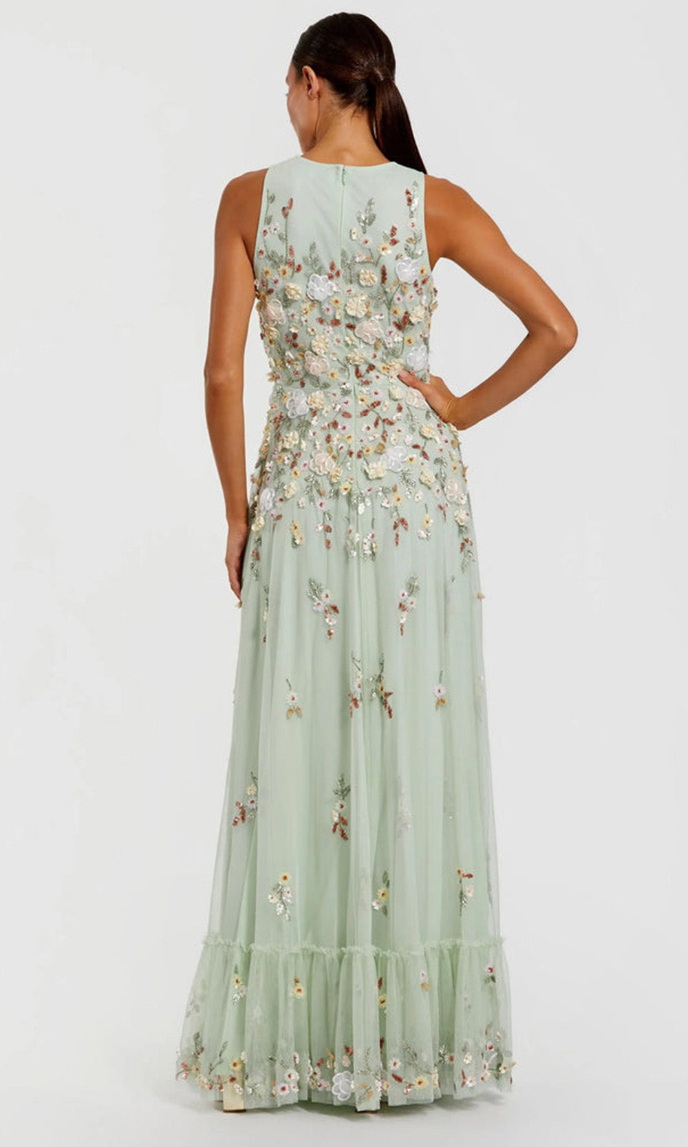 Mac Duggal 9334 - Sleeveless Floral Gown with Ruffled Hem Formal Gowns in Green and Multi