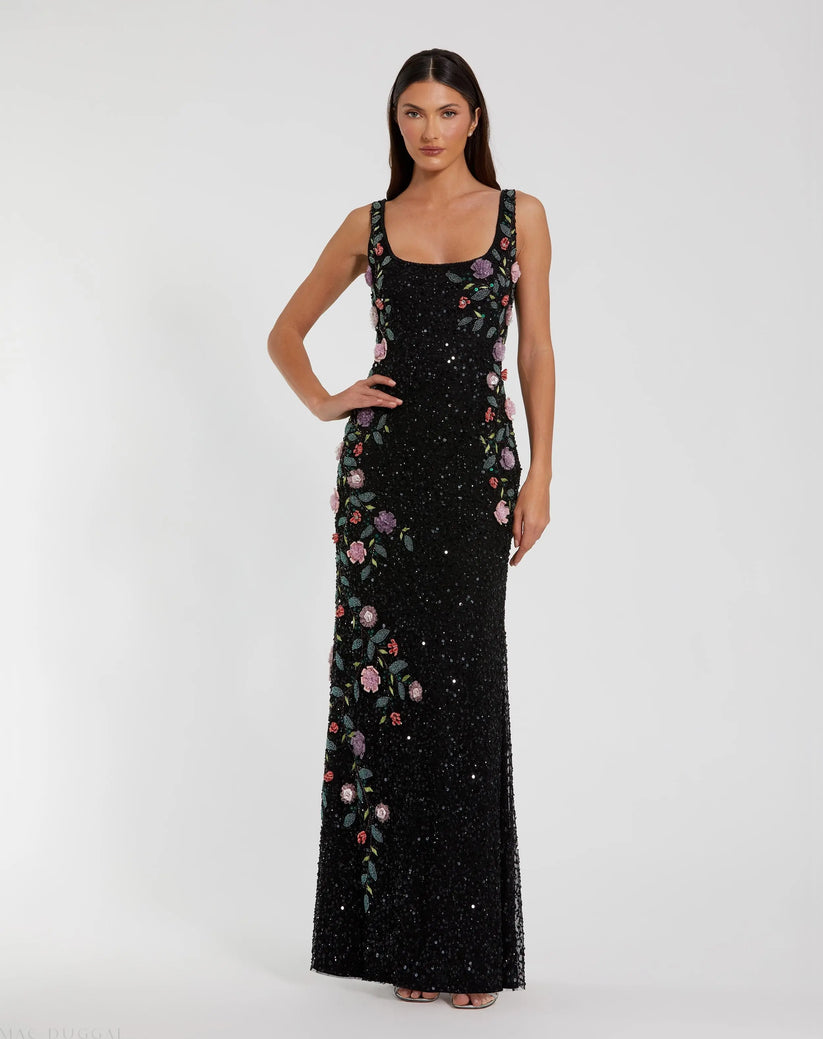 Mac Duggal 9340 - Sleeveless Floral Applique Column Dress Prom Dresses in Black and Multi