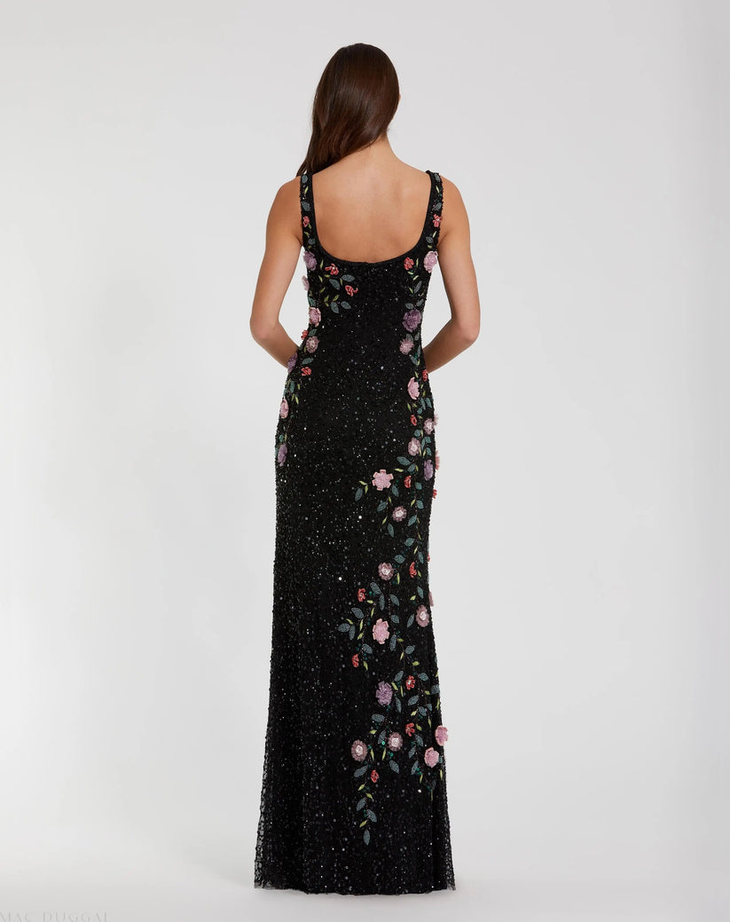 Mac Duggal 9340 - Sleeveless Floral Applique Column Dress Prom Dresses in Black and Multi
