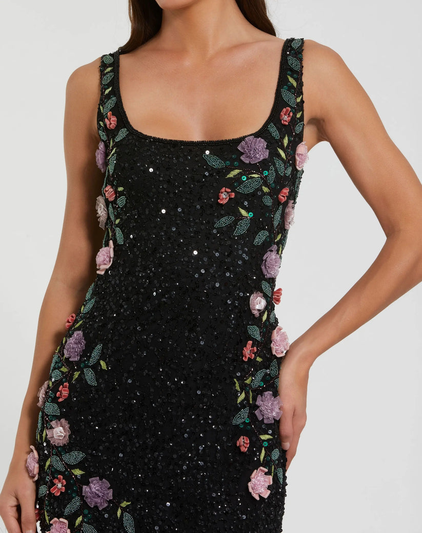 Mac Duggal 9340 - Sleeveless Floral Applique Column Dress Prom Dresses in Black and Multi