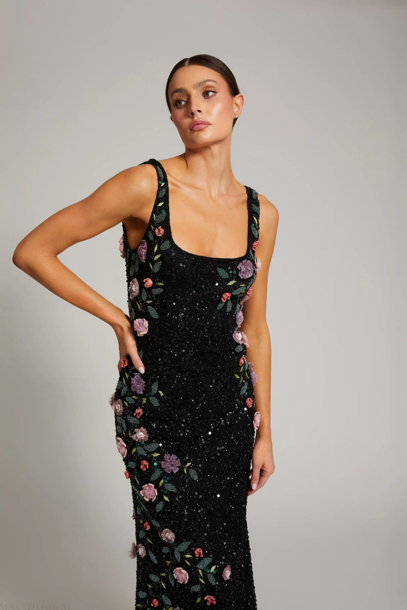 Mac Duggal 9340 - Sleeveless Floral Applique Column Dress Prom Dresses in Black and Multi