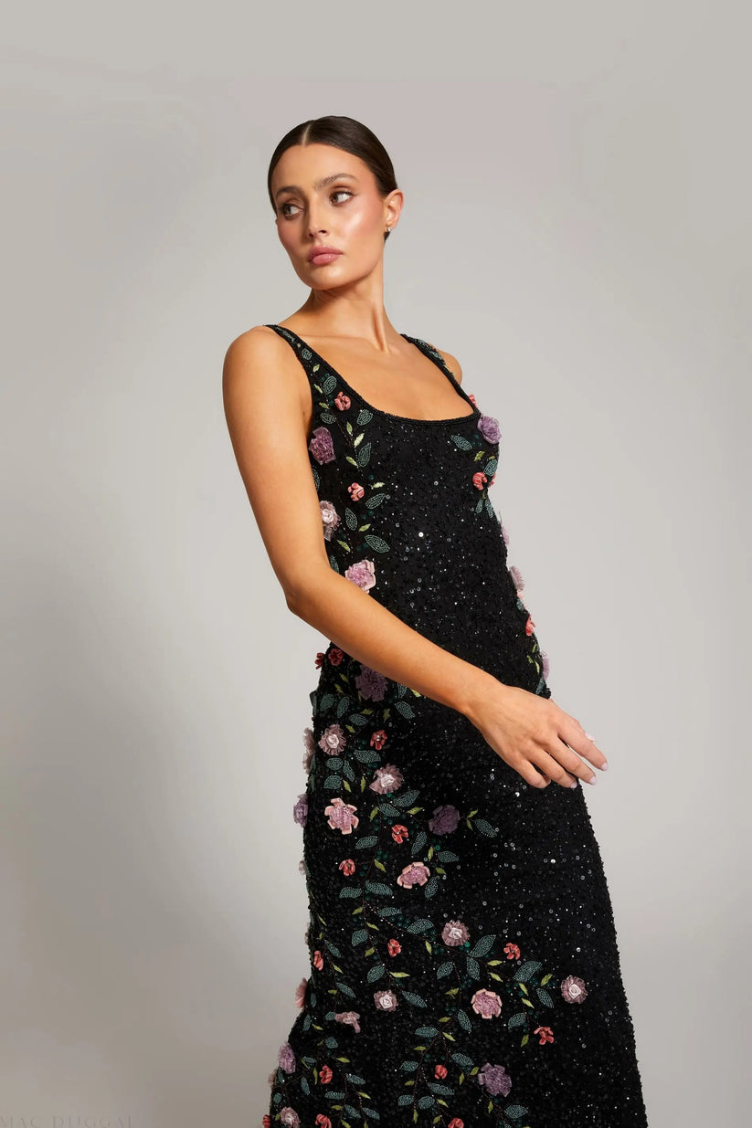 Mac Duggal 9340 - Sleeveless Floral Applique Column Dress Prom Dresses in Black and Multi