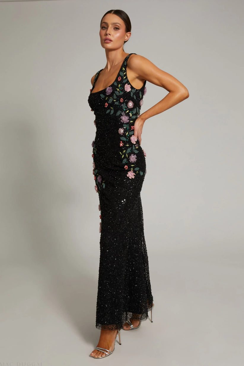 Mac Duggal 9340 - Sleeveless Floral Applique Column Dress Prom Dresses in Black and Multi