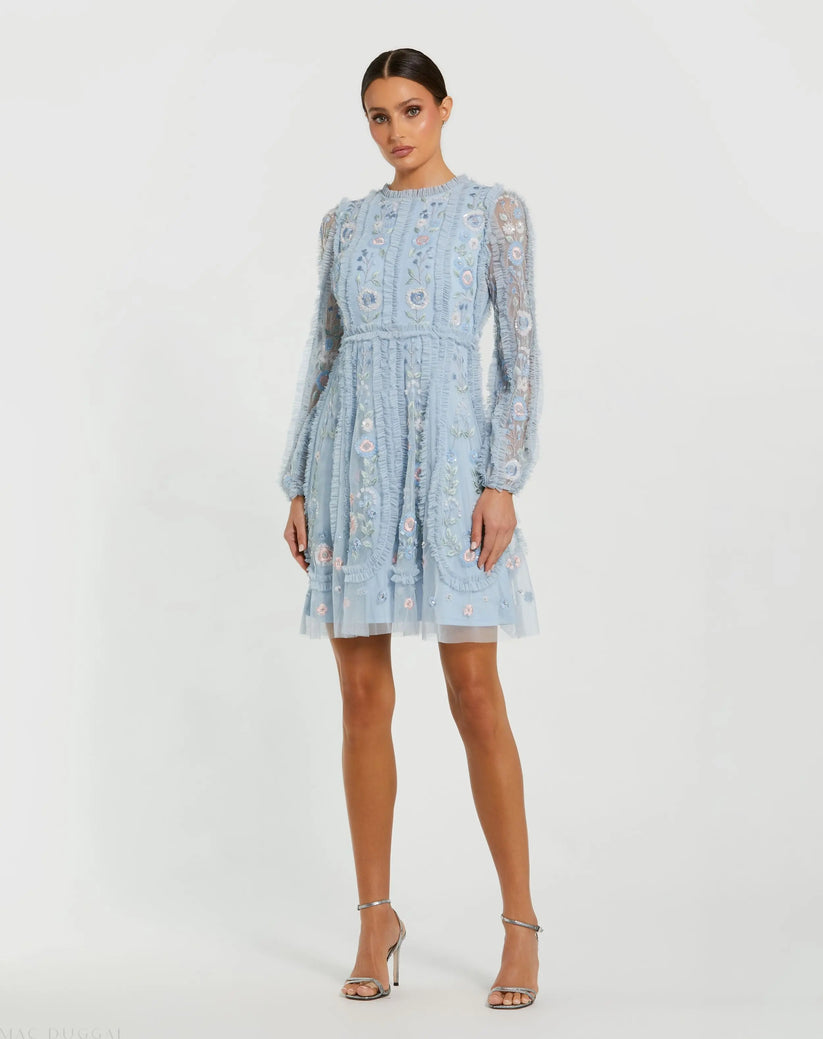 Mac Duggal 9365 - Ruffle Trim Embroidered Cocktail Dress Cocktail Dresses in Blue
