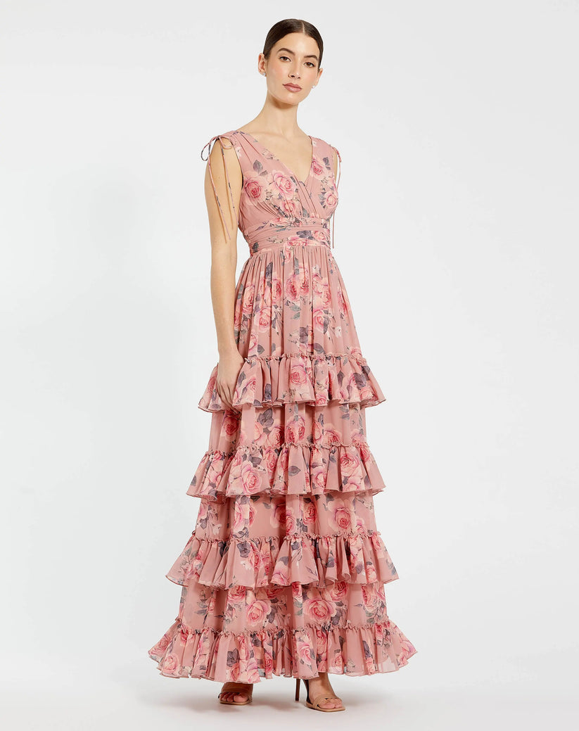 Mac Duggal 9386 - Drawstring Shoulder A-Line Floral Dress Formal Gowns in Pink and Multi