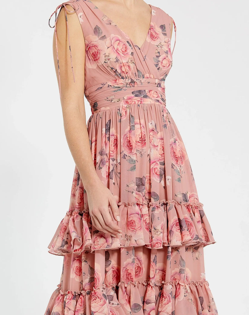 Mac Duggal 9386 - Drawstring Shoulder A-Line Floral Dress Formal Gowns in Pink and Multi