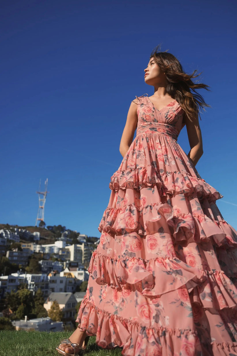 Mac Duggal 9386 - Drawstring Shoulder A-Line Floral Dress Formal Gowns in Pink and Multi