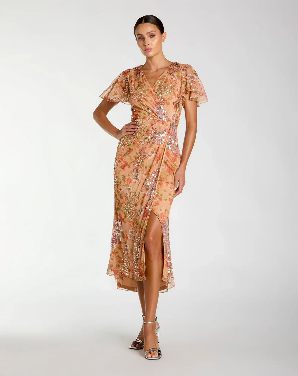 Mac Duggal 93949 - Flutter Sleeve Faux Wrap Sheath Dress