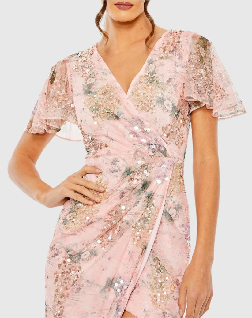 Mac Duggal 93949 - Flutter Sleeve Faux Wrap Sheath Dress Cocktail Dresses in Pink