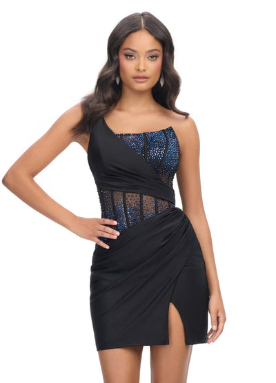 Ashley Lauren 4691 - One Shoulder Corset Cocktail Dress In Black