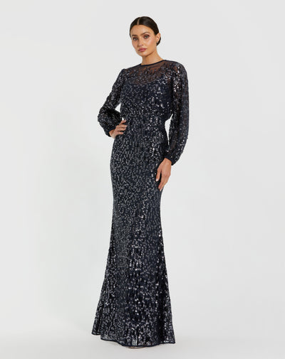 Mac Duggal 94127 - Long Sleeve Allover Sequin Evening Gown In Blue