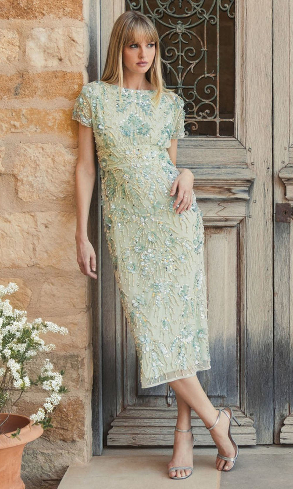 Mac Duggal 94150 - Sheer Sleeve Beaded Dress with Slit Wedding Guest