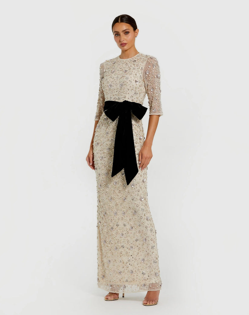 Mac Duggal 94166 - Three-Quarter Sleeve Column Dress with Velvet Bow In Neutral and Black