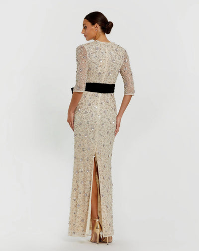 Mac Duggal 94166 - Three-Quarter Sleeve Column Dress with Velvet Bow In Neutral and Black