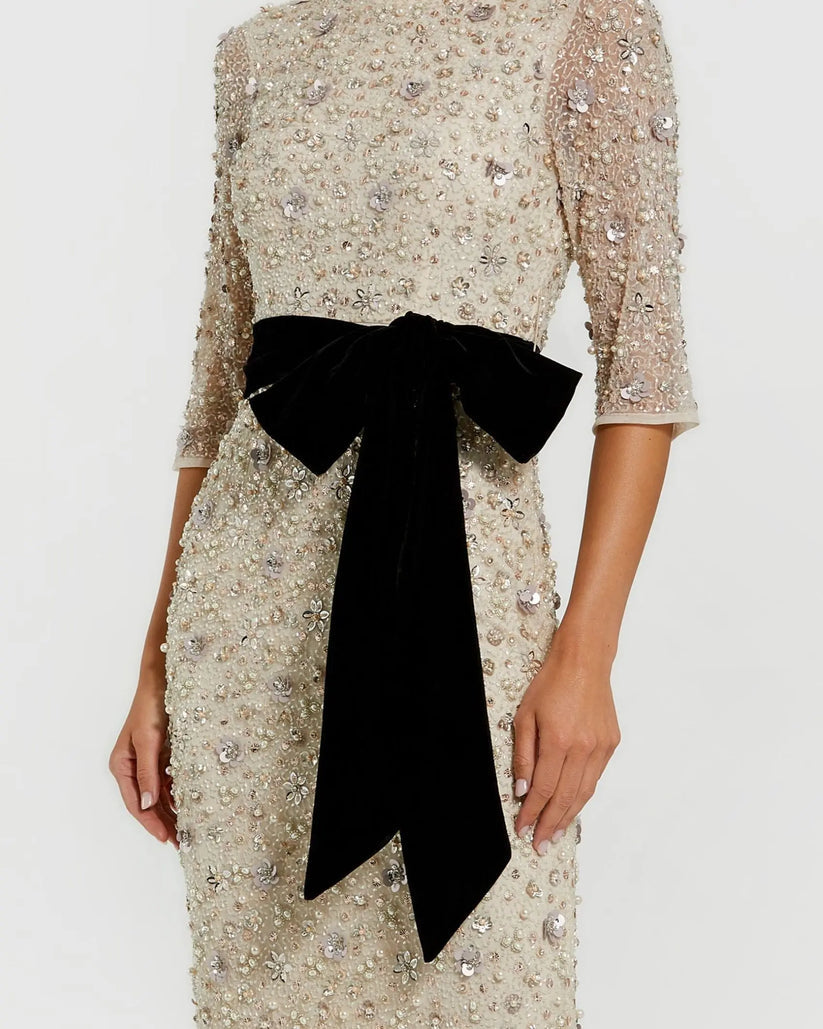 Mac Duggal 94166 - Three-Quarter Sleeve Column Dress with Velvet Bow In Neutral and Black