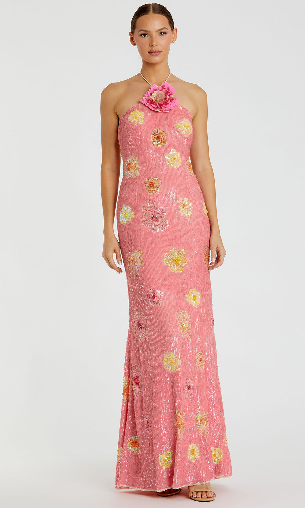 Mac Duggal 94175 - Open Back Shimmering Applique Prom Gown Formal Gowns in Pink and Yellow