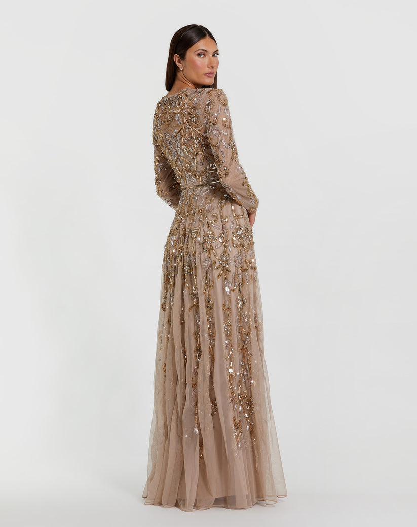 Mac Duggal 94213 - Sequin Embroidered Long Sleeve A-line Gown In Brown and Gold