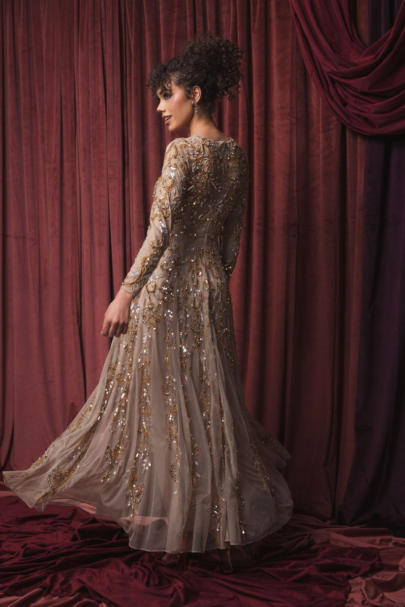 Mac Duggal 94213 - Sequin Embroidered Long Sleeve A-line Gown In Brown and Gold
