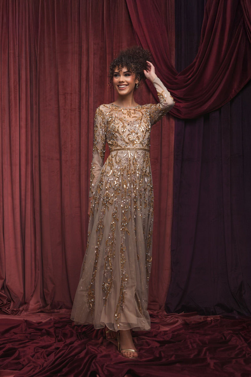 Mac Duggal 94213 - Sequin Embroidered Long Sleeve A-line Gown In Brown and Gold