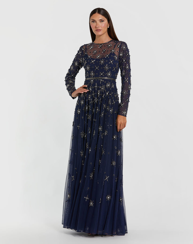 Mac Duggal 94216 - Starburst Beaded Illusion Jewel Gown In Blue