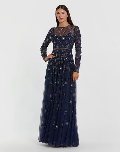 Mac Duggal 94216 - Starburst Beaded Illusion Jewel Gown In Blue