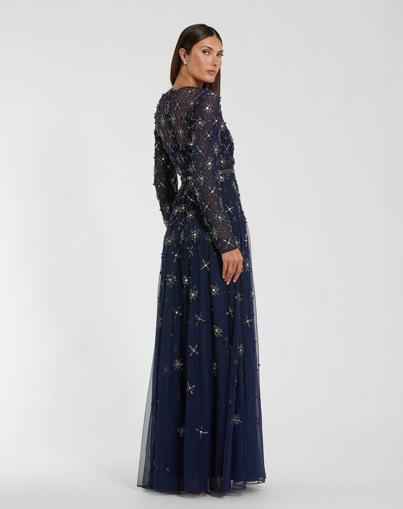 Mac Duggal 94216 - Starburst Beaded Illusion Jewel Gown In Blue